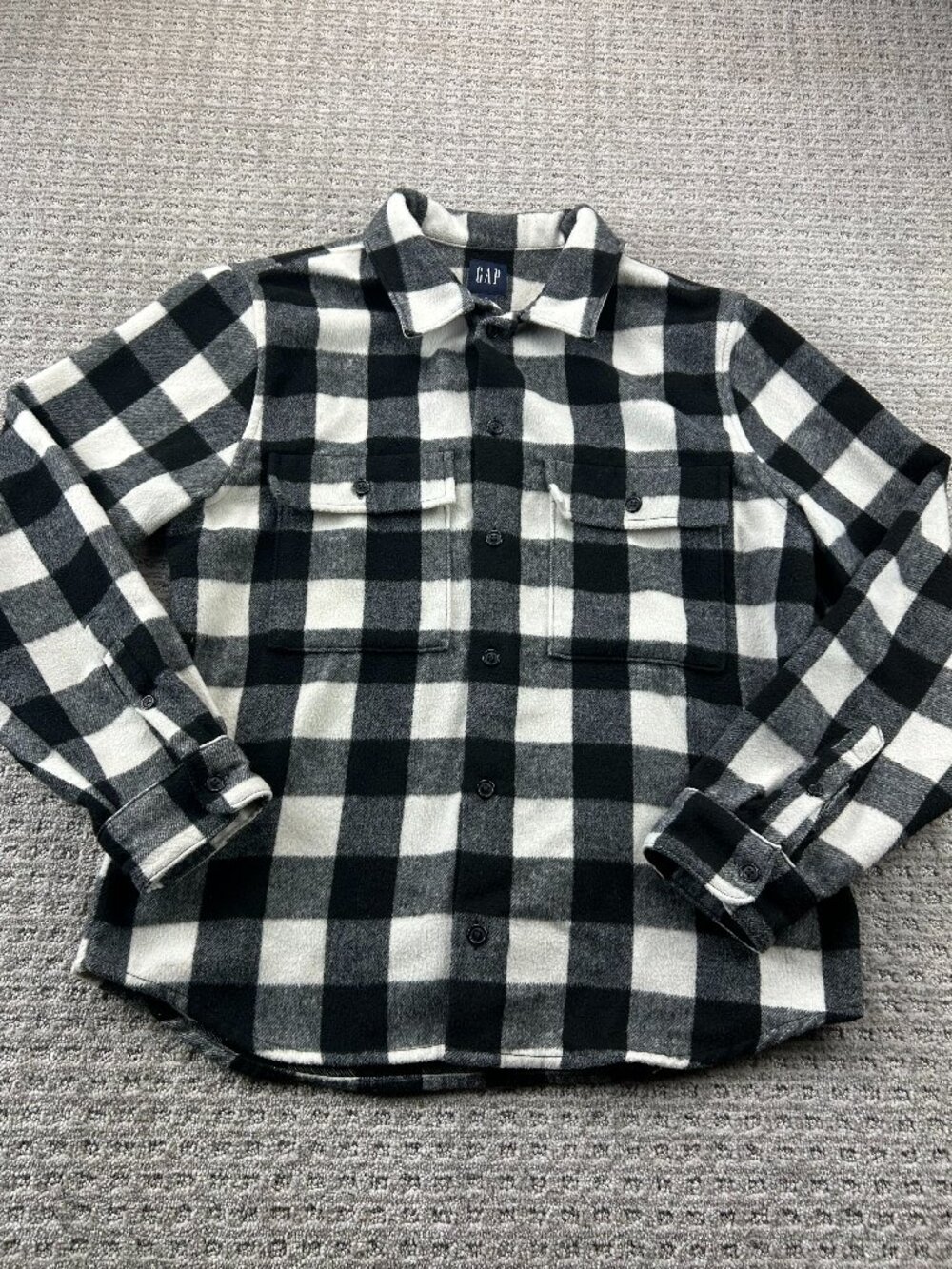 GAP Flannel Fleece Jacket Men Medium M Black White Checkered Casual Thick Polo